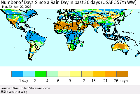 World Number of Days Since a Rain Day in past 30 days (USAF 557th WW) Thematic Map For 4/16/2022 - 4/20/2022