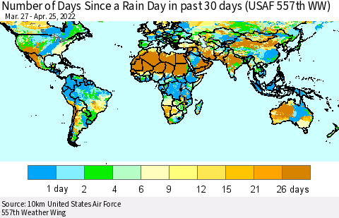 World Number of Days Since a Rain Day in past 30 days (USAF 557th WW) Thematic Map For 4/21/2022 - 4/25/2022