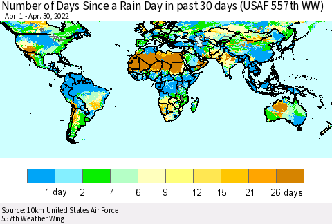 World Number of Days Since a Rain Day in past 30 days (USAF 557th WW) Thematic Map For 4/26/2022 - 4/30/2022