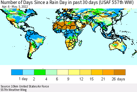 World Number of Days Since a Rain Day in past 30 days (USAF 557th WW) Thematic Map For 5/1/2022 - 5/5/2022