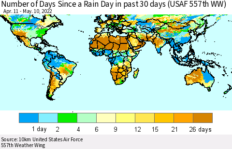 World Number of Days Since a Rain Day in past 30 days (USAF 557th WW) Thematic Map For 5/6/2022 - 5/10/2022