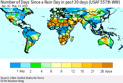 World Number of Days Since a Rain Day in past 30 days (USAF 557th WW) Thematic Map For 5/11/2022 - 5/15/2022