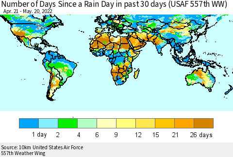World Number of Days Since a Rain Day in past 30 days (USAF 557th WW) Thematic Map For 5/16/2022 - 5/20/2022