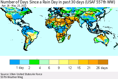 World Number of Days Since a Rain Day in past 30 days (USAF 557th WW) Thematic Map For 5/21/2022 - 5/25/2022
