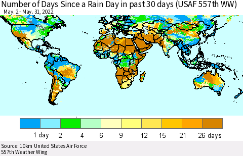 World Number of Days Since a Rain Day in past 30 days (USAF 557th WW) Thematic Map For 5/26/2022 - 5/31/2022