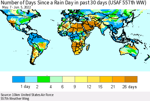 World Number of Days Since a Rain Day in past 30 days (USAF 557th WW) Thematic Map For 6/1/2022 - 6/5/2022
