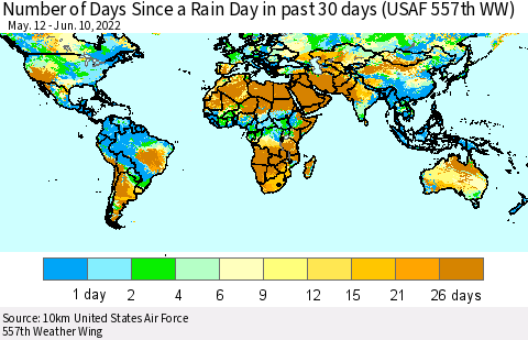 World Number of Days Since a Rain Day in past 30 days (USAF 557th WW) Thematic Map For 6/6/2022 - 6/10/2022