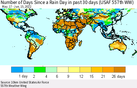 World Number of Days Since a Rain Day in past 30 days (USAF 557th WW) Thematic Map For 6/11/2022 - 6/15/2022