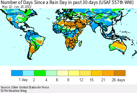 World Number of Days Since a Rain Day in past 30 days (USAF 557th WW) Thematic Map For 6/16/2022 - 6/20/2022