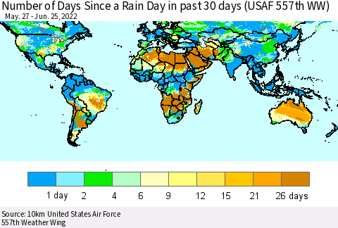 World Number of Days Since a Rain Day in past 30 days (USAF 557th WW) Thematic Map For 6/21/2022 - 6/25/2022