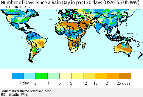 World Number of Days Since a Rain Day in past 30 days (USAF 557th WW) Thematic Map For 6/26/2022 - 6/30/2022