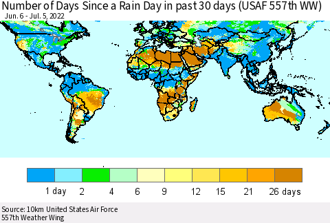 World Number of Days Since a Rain Day in past 30 days (USAF 557th WW) Thematic Map For 7/1/2022 - 7/5/2022