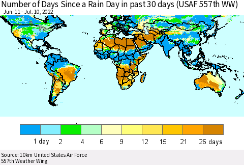 World Number of Days Since a Rain Day in past 30 days (USAF 557th WW) Thematic Map For 7/6/2022 - 7/10/2022