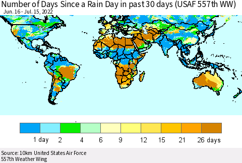 World Number of Days Since a Rain Day in past 30 days (USAF 557th WW) Thematic Map For 7/11/2022 - 7/15/2022