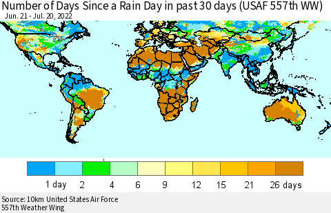 World Number of Days Since a Rain Day in past 30 days (USAF 557th WW) Thematic Map For 7/16/2022 - 7/20/2022