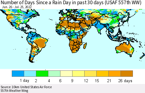 World Number of Days Since a Rain Day in past 30 days (USAF 557th WW) Thematic Map For 7/21/2022 - 7/25/2022