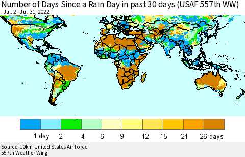 World Number of Days Since a Rain Day in past 30 days (USAF 557th WW) Thematic Map For 7/26/2022 - 7/31/2022