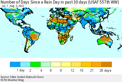 World Number of Days Since a Rain Day in past 30 days (USAF 557th WW) Thematic Map For 8/1/2022 - 8/5/2022