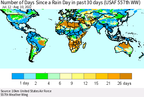 World Number of Days Since a Rain Day in past 30 days (USAF 557th WW) Thematic Map For 8/6/2022 - 8/10/2022