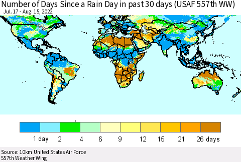 World Number of Days Since a Rain Day in past 30 days (USAF 557th WW) Thematic Map For 8/11/2022 - 8/15/2022