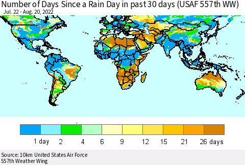 World Number of Days Since a Rain Day in past 30 days (USAF 557th WW) Thematic Map For 8/16/2022 - 8/20/2022