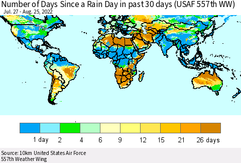 World Number of Days Since a Rain Day in past 30 days (USAF 557th WW) Thematic Map For 8/21/2022 - 8/25/2022