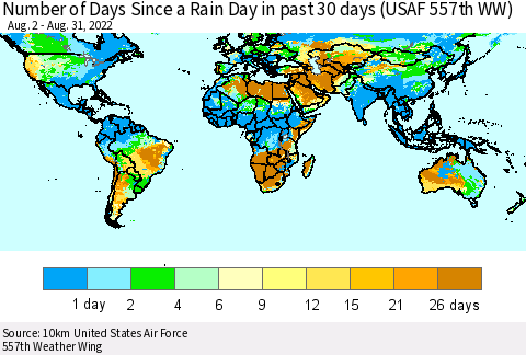 World Number of Days Since a Rain Day in past 30 days (USAF 557th WW) Thematic Map For 8/26/2022 - 8/31/2022