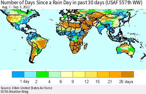 World Number of Days Since a Rain Day in past 30 days (USAF 557th WW) Thematic Map For 9/1/2022 - 9/5/2022