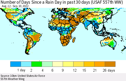 World Number of Days Since a Rain Day in past 30 days (USAF 557th WW) Thematic Map For 9/6/2022 - 9/10/2022