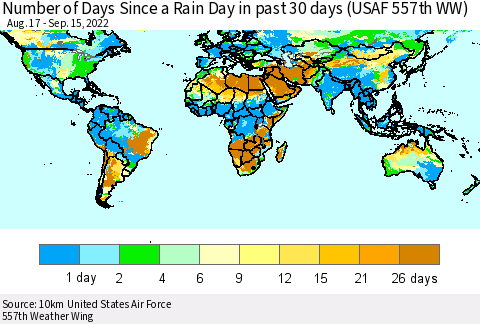 World Number of Days Since a Rain Day in past 30 days (USAF 557th WW) Thematic Map For 9/11/2022 - 9/15/2022