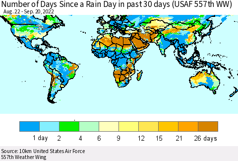 World Number of Days Since a Rain Day in past 30 days (USAF 557th WW) Thematic Map For 9/16/2022 - 9/20/2022