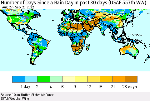 World Number of Days Since a Rain Day in past 30 days (USAF 557th WW) Thematic Map For 9/21/2022 - 9/25/2022