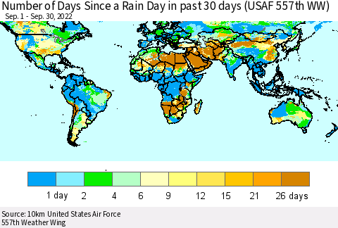 World Number of Days Since a Rain Day in past 30 days (USAF 557th WW) Thematic Map For 9/26/2022 - 9/30/2022