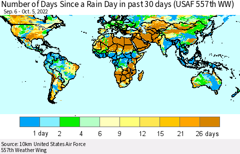 World Number of Days Since a Rain Day in past 30 days (USAF 557th WW) Thematic Map For 10/1/2022 - 10/5/2022