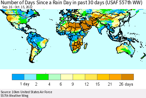World Number of Days Since a Rain Day in past 30 days (USAF 557th WW) Thematic Map For 10/11/2022 - 10/15/2022