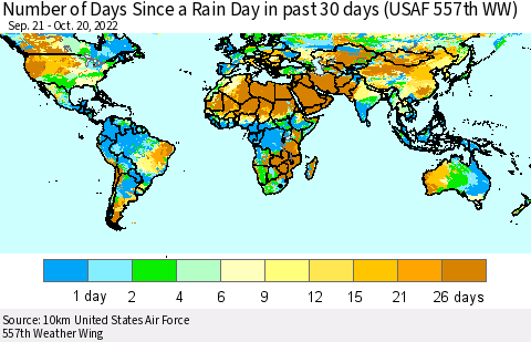 World Number of Days Since a Rain Day in past 30 days (USAF 557th WW) Thematic Map For 10/16/2022 - 10/20/2022