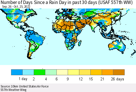 World Number of Days Since a Rain Day in past 30 days (USAF 557th WW) Thematic Map For 10/21/2022 - 10/25/2022