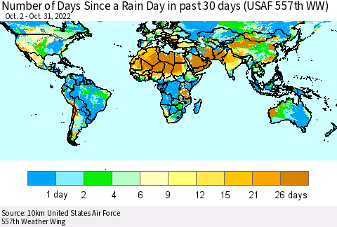 World Number of Days Since a Rain Day in past 30 days (USAF 557th WW) Thematic Map For 10/26/2022 - 10/31/2022
