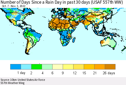 World Number of Days Since a Rain Day in past 30 days (USAF 557th WW) Thematic Map For 11/1/2022 - 11/5/2022