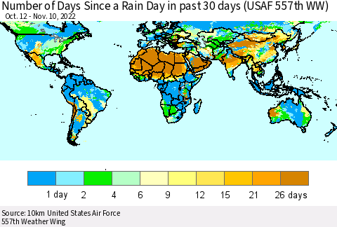 World Number of Days Since a Rain Day in past 30 days (USAF 557th WW) Thematic Map For 11/6/2022 - 11/10/2022