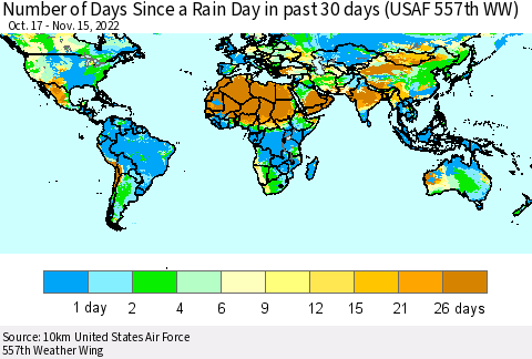 World Number of Days Since a Rain Day in past 30 days (USAF 557th WW) Thematic Map For 11/11/2022 - 11/15/2022