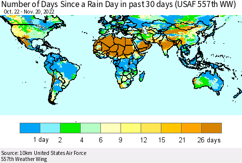 World Number of Days Since a Rain Day in past 30 days (USAF 557th WW) Thematic Map For 11/16/2022 - 11/20/2022
