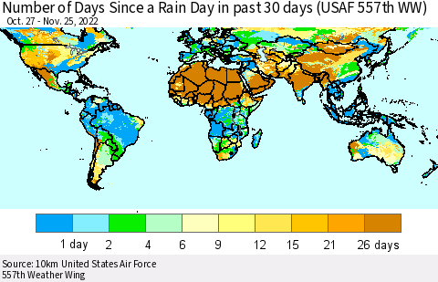 World Number of Days Since a Rain Day in past 30 days (USAF 557th WW) Thematic Map For 11/21/2022 - 11/25/2022