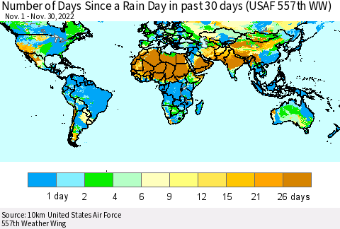 World Number of Days Since a Rain Day in past 30 days (USAF 557th WW) Thematic Map For 11/26/2022 - 11/30/2022