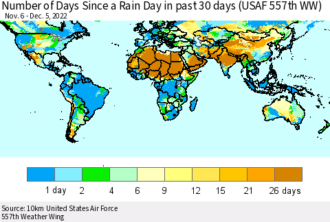 World Number of Days Since a Rain Day in past 30 days (USAF 557th WW) Thematic Map For 12/1/2022 - 12/5/2022