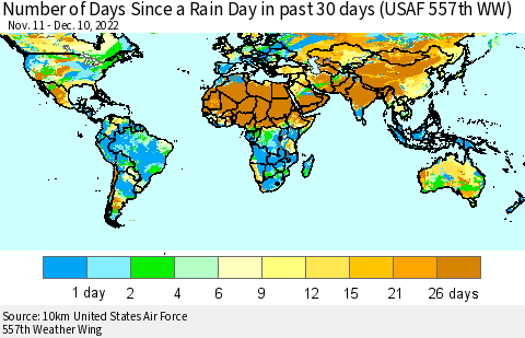 World Number of Days Since a Rain Day in past 30 days (USAF 557th WW) Thematic Map For 12/6/2022 - 12/10/2022
