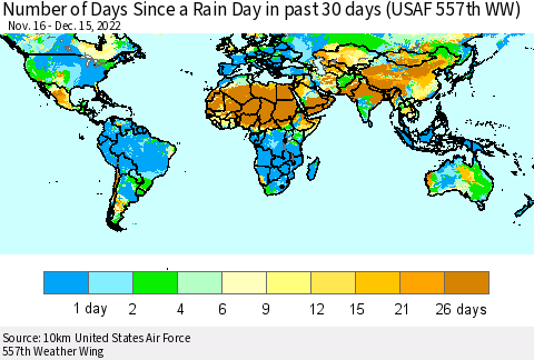 World Number of Days Since a Rain Day in past 30 days (USAF 557th WW) Thematic Map For 12/11/2022 - 12/15/2022