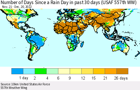 World Number of Days Since a Rain Day in past 30 days (USAF 557th WW) Thematic Map For 12/16/2022 - 12/20/2022