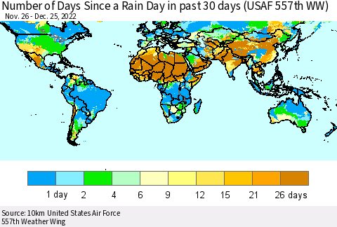 World Number of Days Since a Rain Day in past 30 days (USAF 557th WW) Thematic Map For 12/21/2022 - 12/25/2022