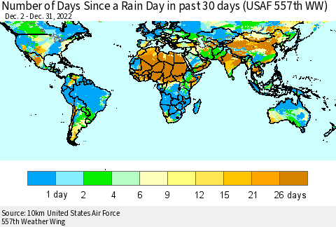 World Number of Days Since a Rain Day in past 30 days (USAF 557th WW) Thematic Map For 12/26/2022 - 12/31/2022